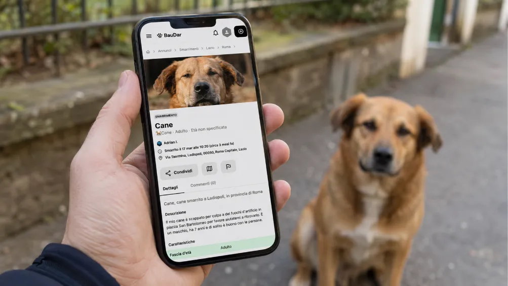 Annuncio BauDar aperto su uno smartphone vicino allo stesso cane in strada