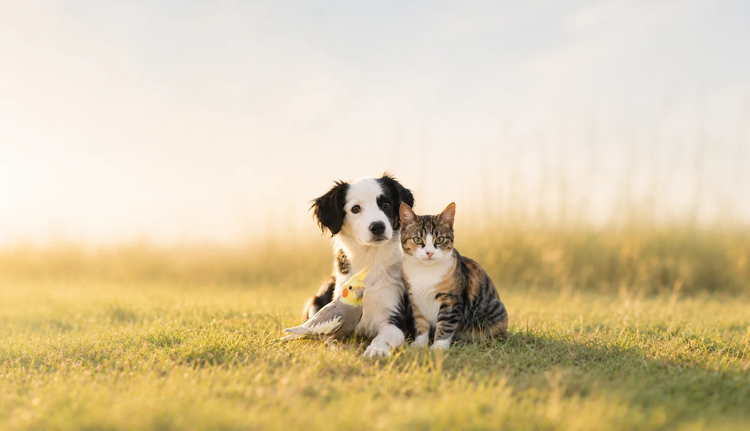 Un cane, un gatto e un calopsite in un campo