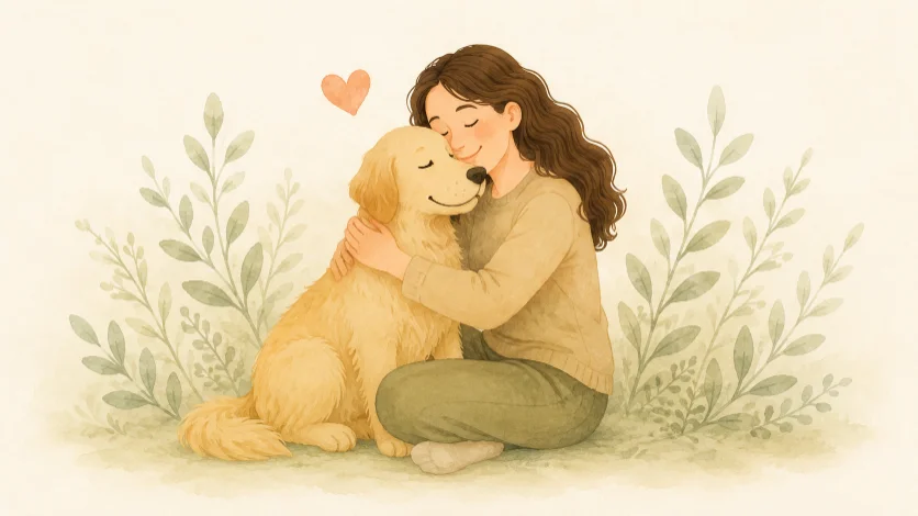 Donna che riabbraccia il suo cane dopo il ritrovamento.