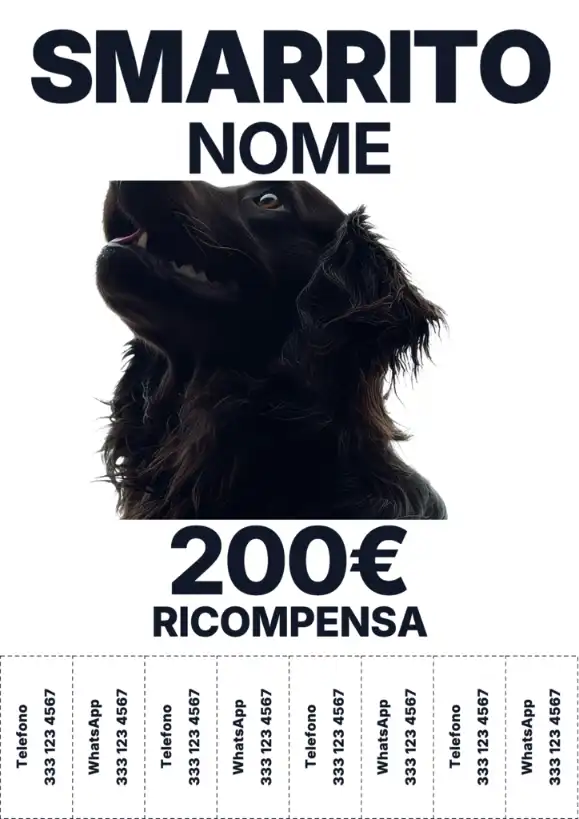 Template di volantino cane smarrito con ricompensa e linguette strappabili per il telefono.