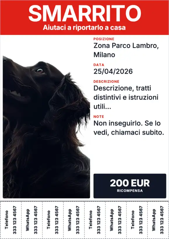 Template rosso per volantino gatto smarrito con linguette, foto grande e numero leggibile.