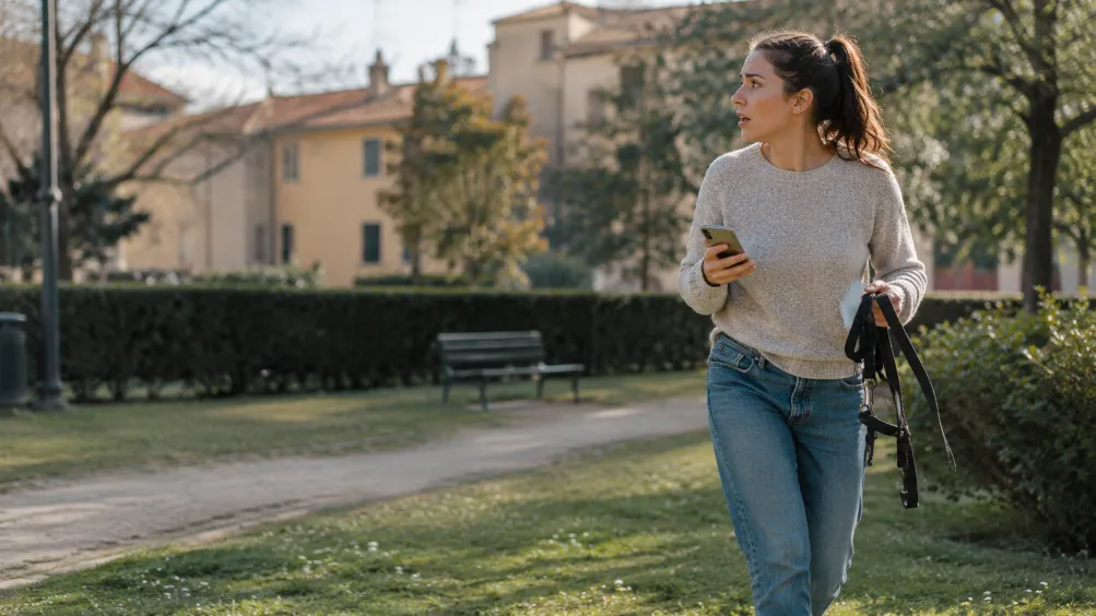 Donna che cerca un animale smarrito in un parco