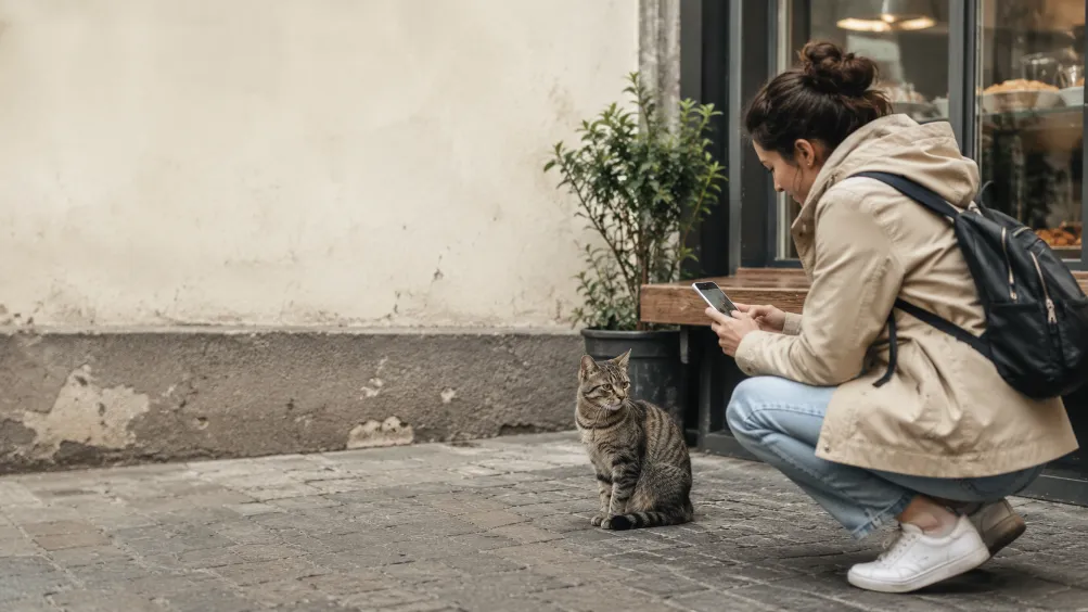 Donna che fotografa un gatto trovato per strada